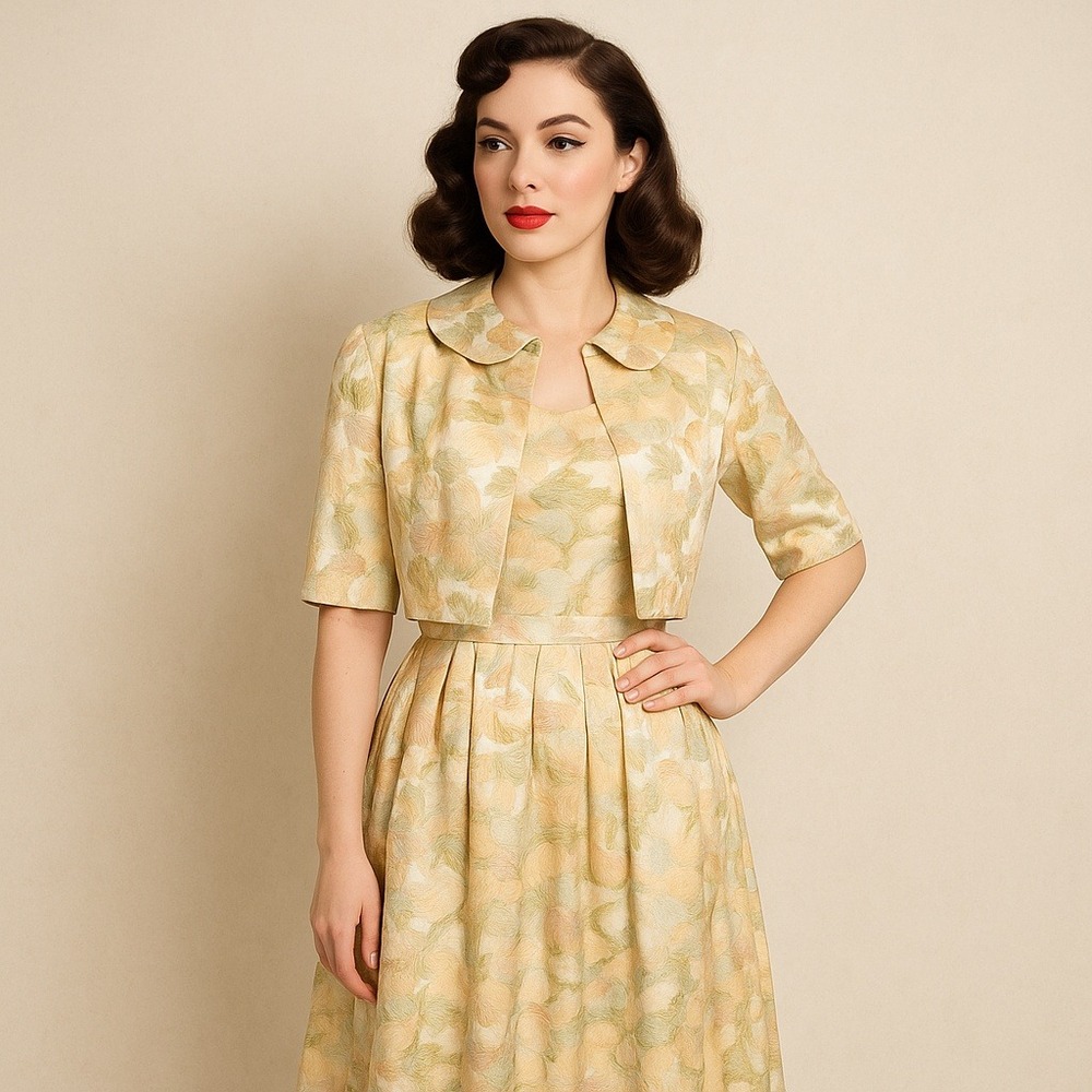 Vintage 50s Brocade Party Dress & Bolero Set‎ Pastel Floral Fit Flare Cocktail M